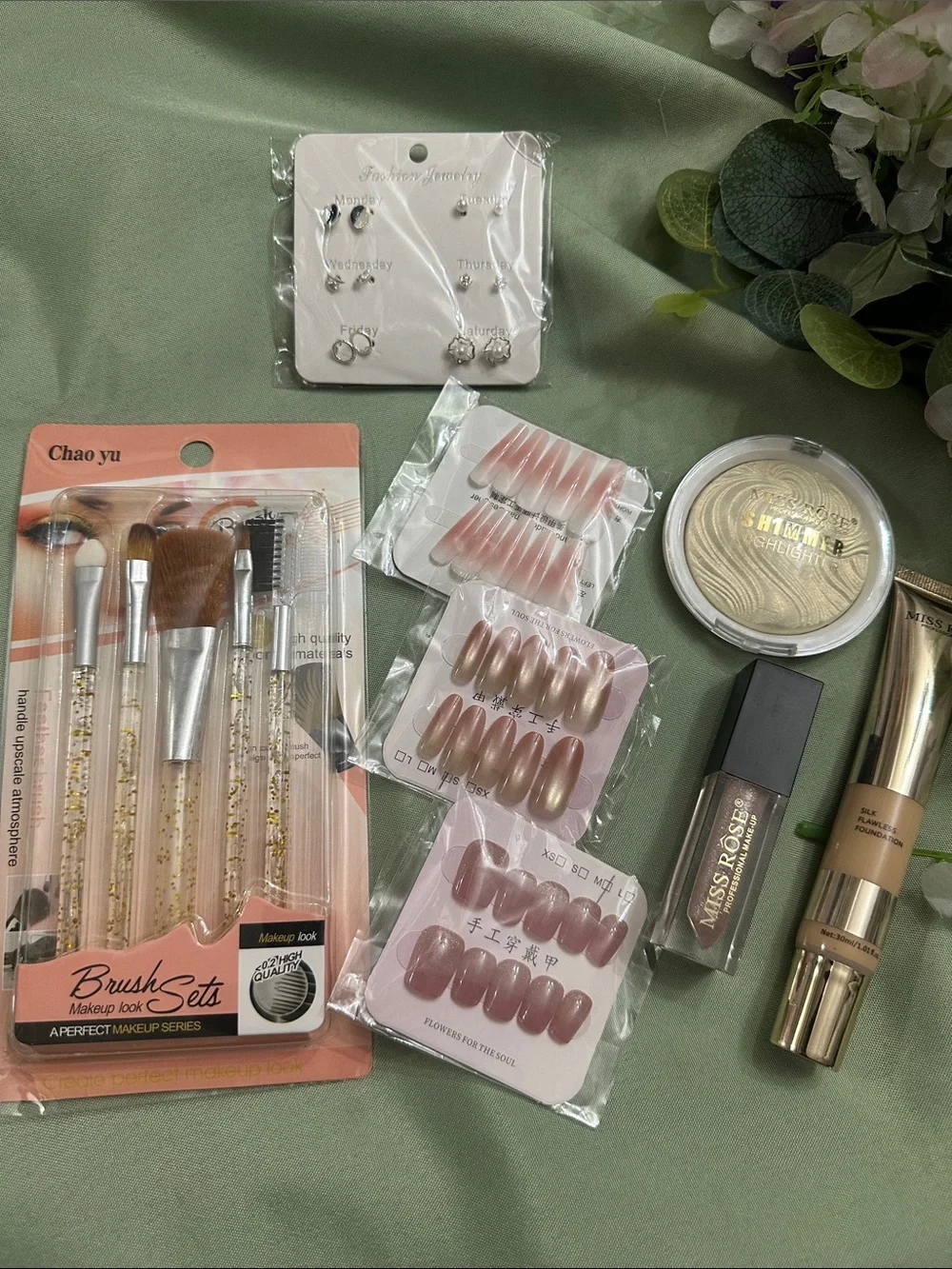 Super Bundle! 5 piece brush set and 3 sets luxury faux nails and more